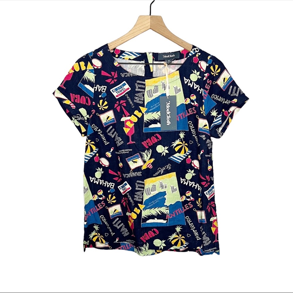 NWT NEW Modcloth Short Sleeve Islands Delightful Demeanor Linen Blend Top M